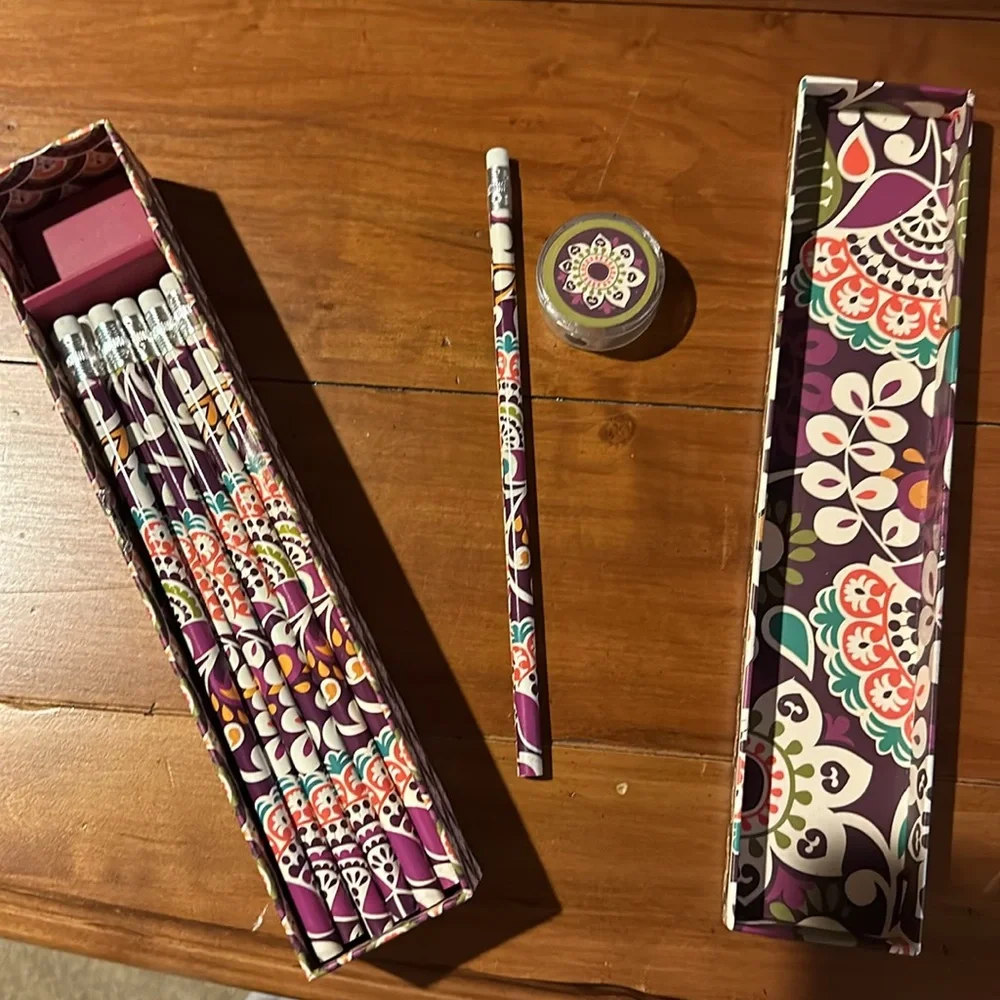 Vera Bradley Pencil box set. 8 of 10 pencils.  Box excellent condition.